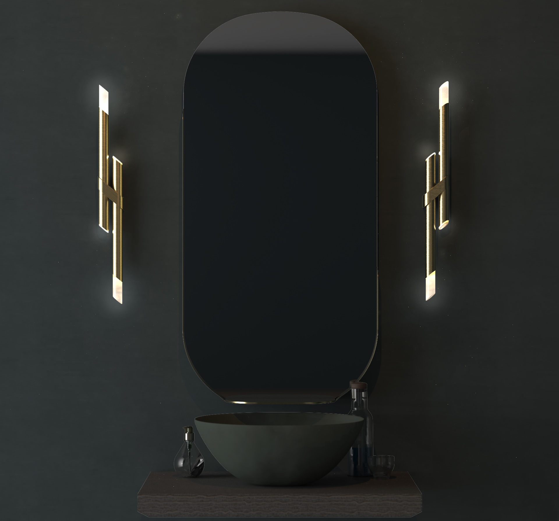 Contemporary Bathroom Wall Lights Brass Rods Illuminated Tips Mirror Dark Moody Interior Palette Designers Nulty Bespoke