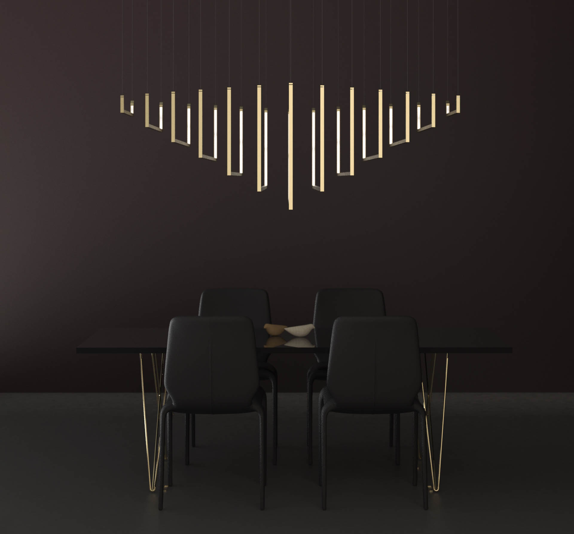 Contemporary Chandelier Line Structure Sleek Symmetrical Design Brass Finish Luxury Minimal Dining Room Interior Nulty Bespoke