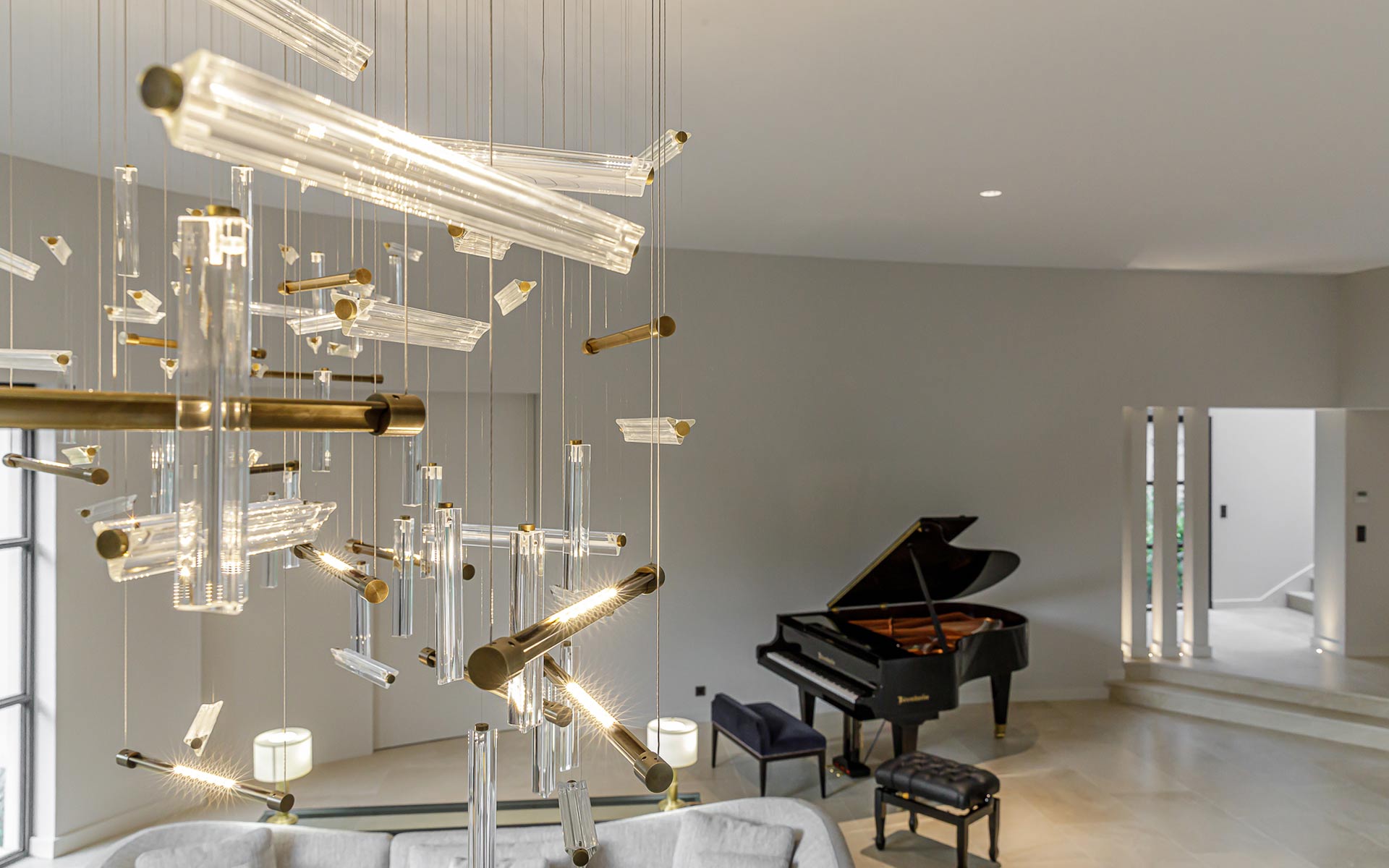 Modern Stylish Lighting Installation Scattered Vertical Horizontal Linear Components Crystal Bronze Luxury Home Salon Grand Piano Nulty Bespoke