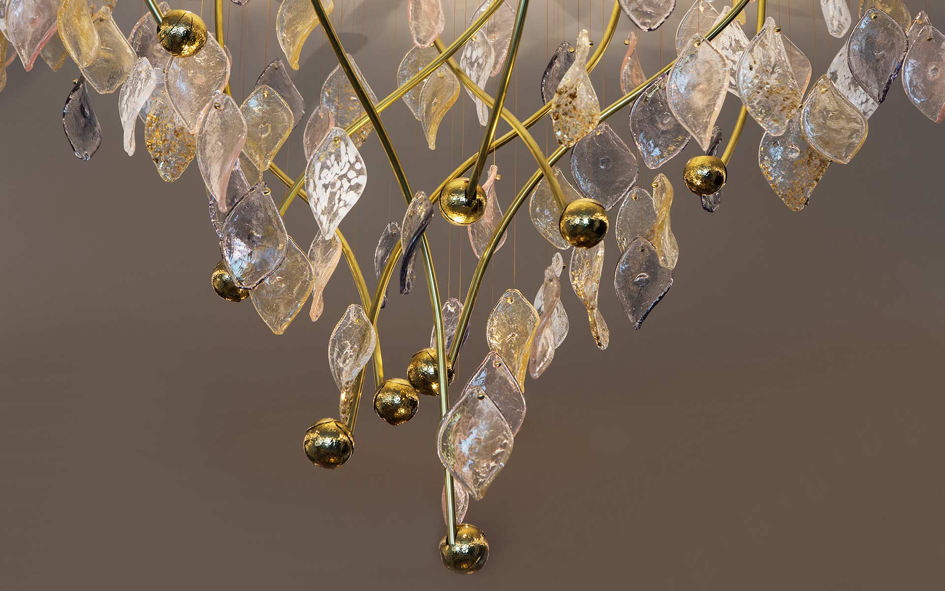 Custom Chandelier Crackled Glass Leaves Brass Stems Catkin Casings Tapered Design Luxury Lighting Maker Nulty Bespoke
