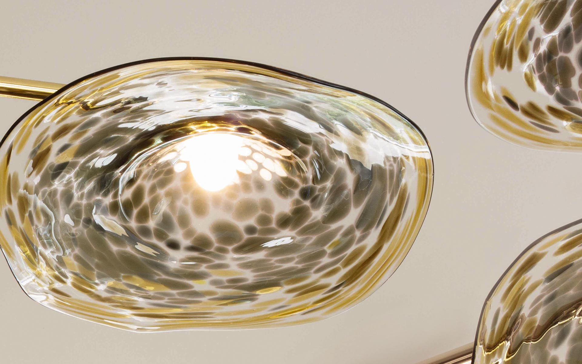 Handmade Glass Lamp Shades Olive Amber Tones Mottled Pattern Brass Framework Perla Pendant London Nulty Bespoke