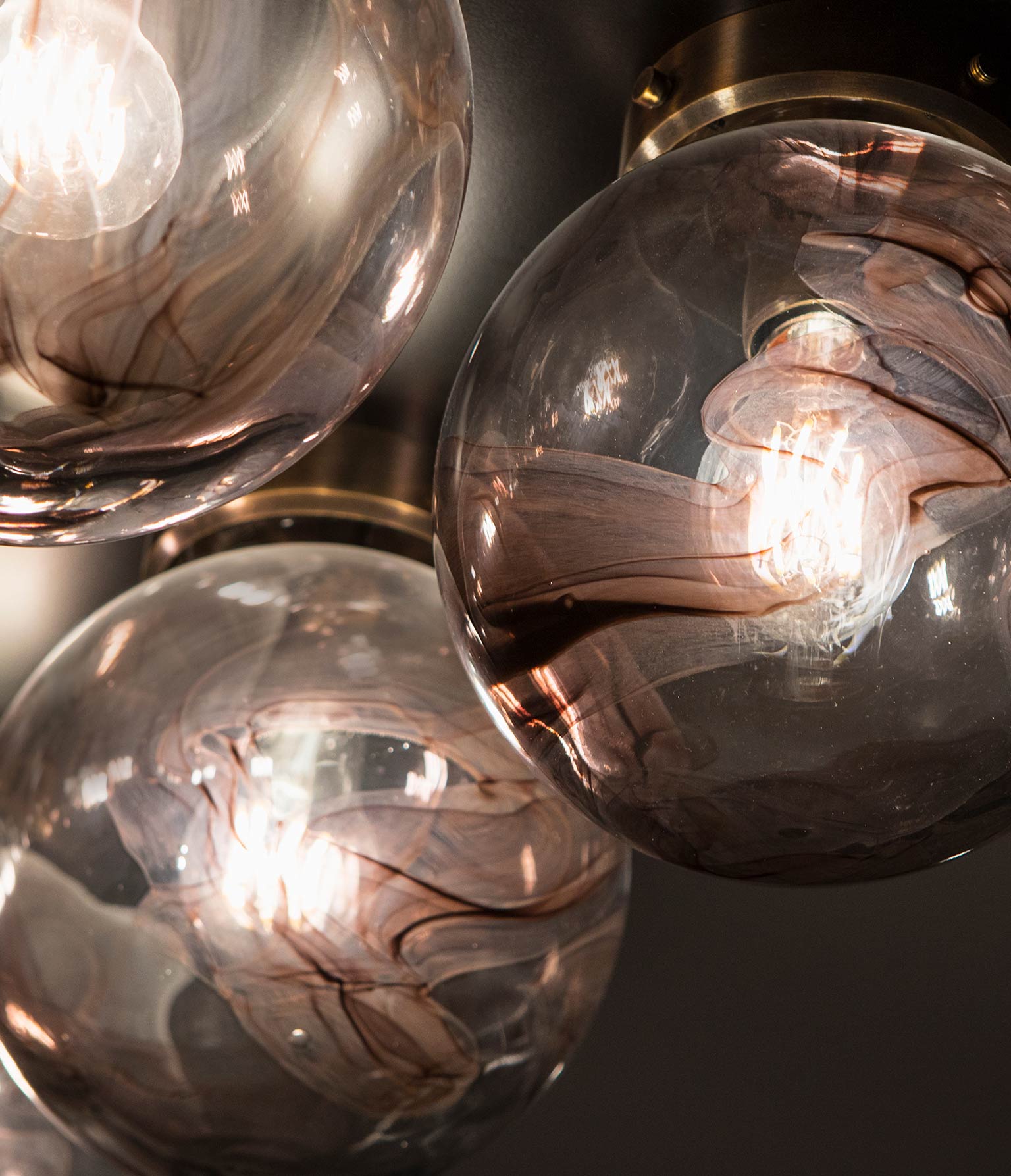 Feature Pendant Cast Glass Globes Smoky Toned Swirling Pigment Detail Antique Bronze Collar LED Filament Lamp Nulty Bespoke