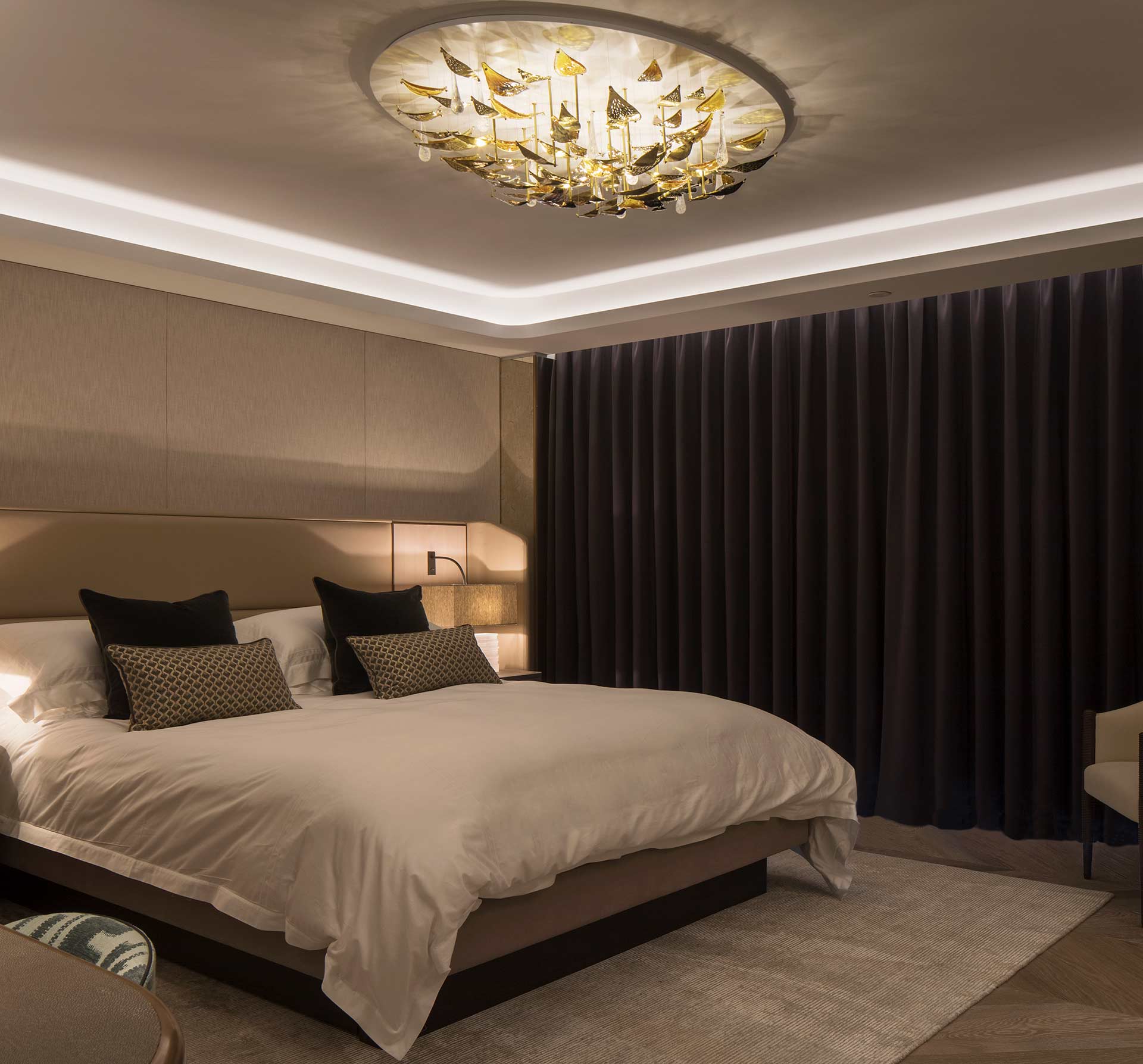 Luxury Bedroom Chandelier Suspended Glass Brass Petals Oval Ceiling Tray London Designers Nulty Bespoke