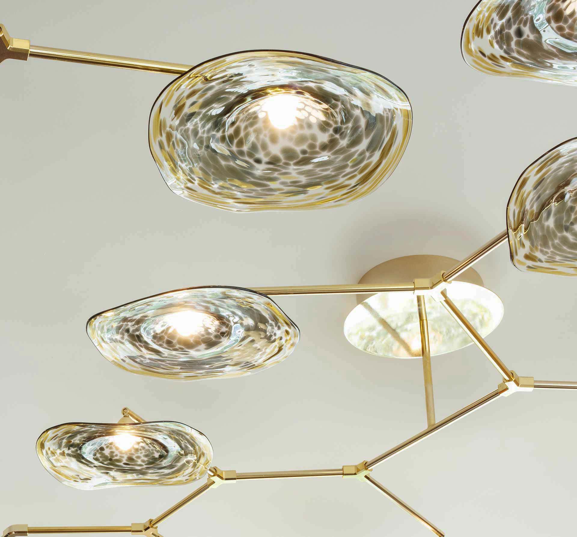 Decorative Lighting Piece Custom Organic Shaped Mosaic Style Glass Shades Polished Brass Frame Perla Pendant Nulty Bespoke