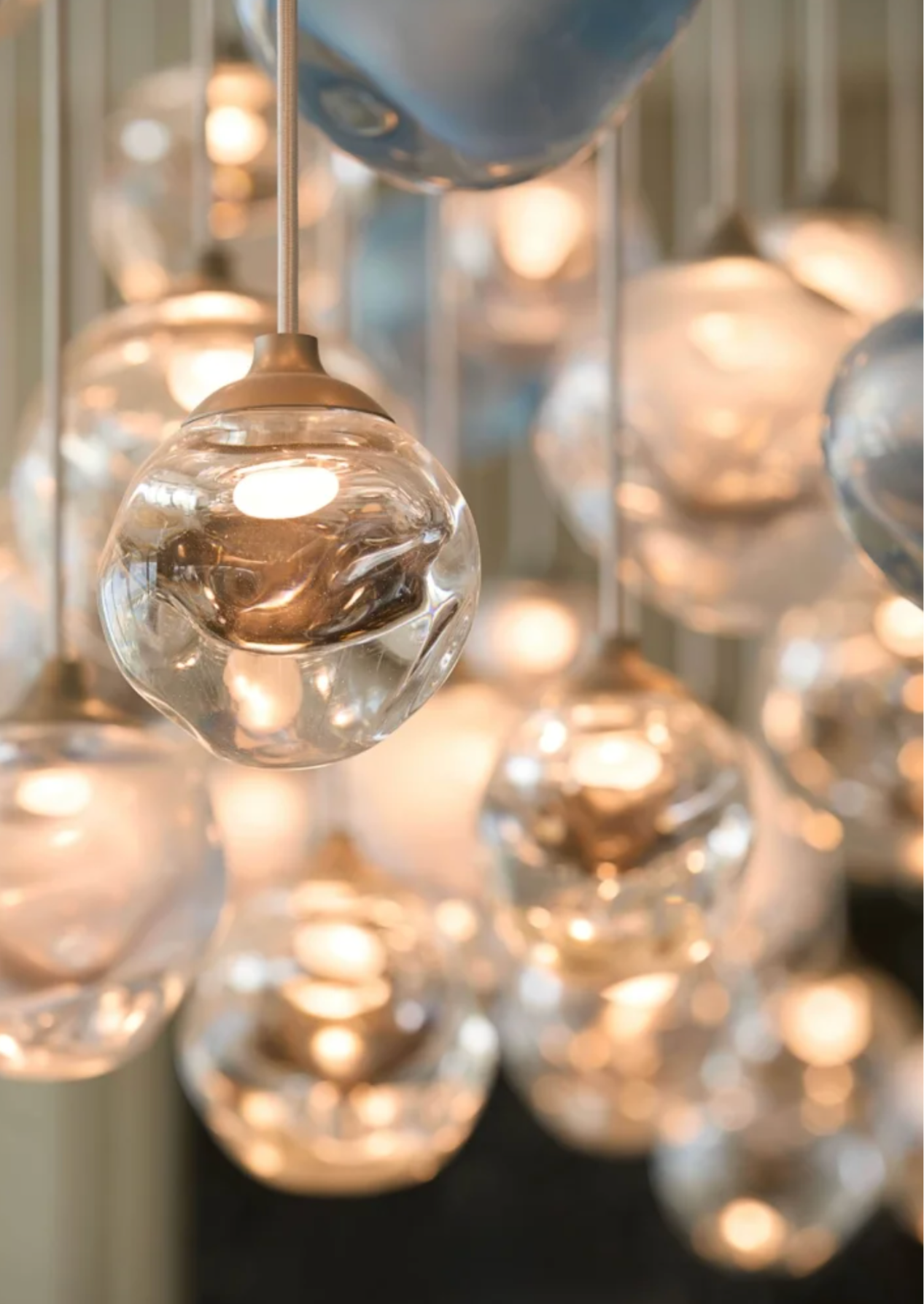 double-blown glass technique pendant forms the focus of this piece. a dazzlingly unique shape, size and colour to each pendant.