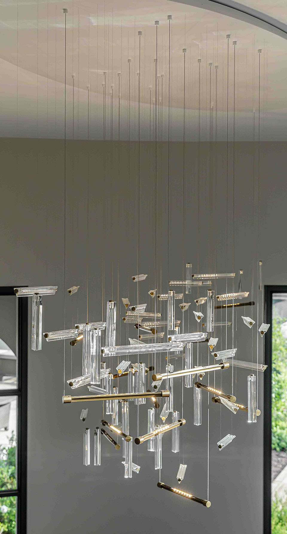 Contemporary Lighting Installation Dispersed Horizontal Vertical Upcycled Crystal Shards Brass Uplighters High End Private Residence Nulty Bespoke