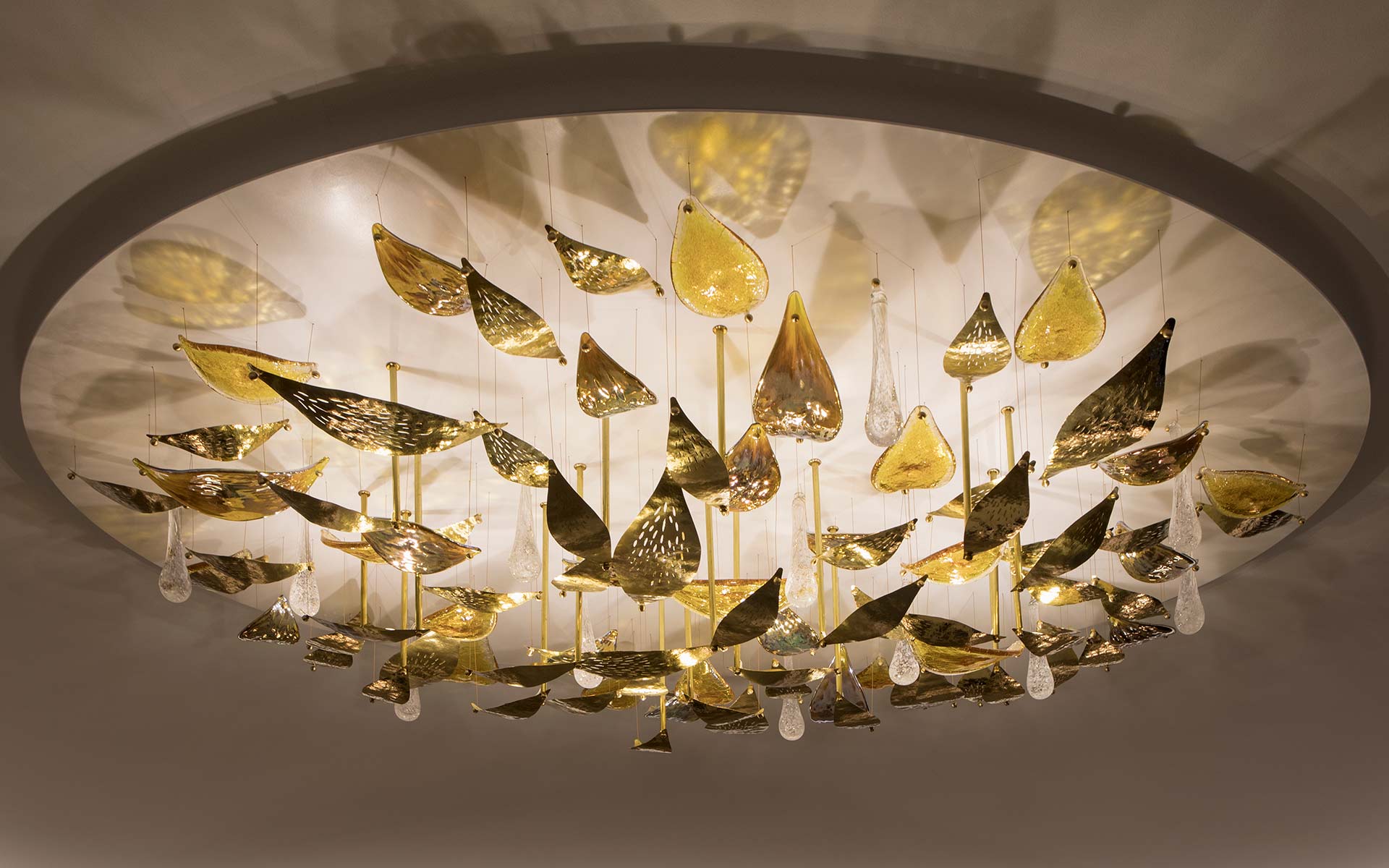 Custom Luxury Chandelier Oval Base Suspended Amber Metallic Glass Etched Brass Petals Designers Nulty Bespoke