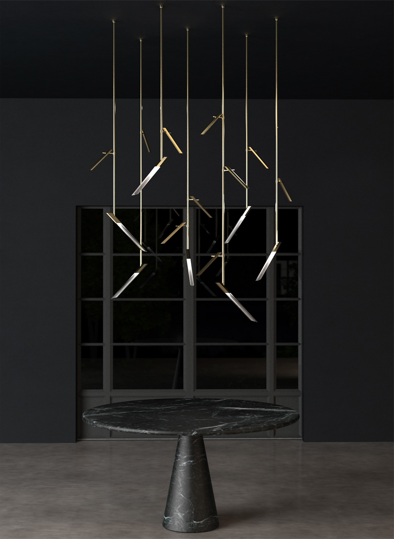 Contemporary Sculptural Lighting Feature Above Table Vertical Rods Angled Hexagonal Components Brass Tones Modern Luxury Living Nulty Bespoke