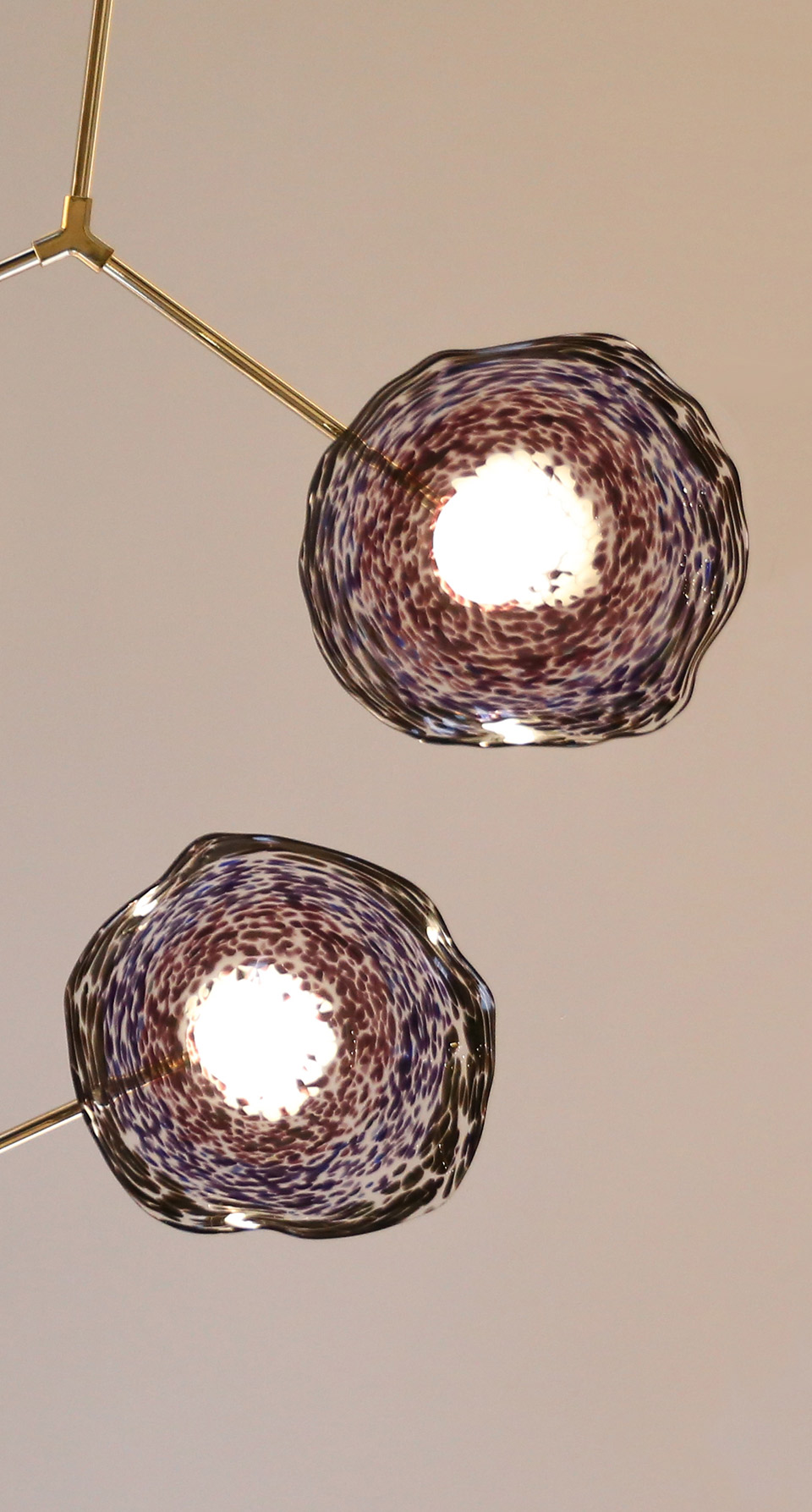 Luxury Ceiling Luminaire Handcrafted Gold Framework Delicate Glass Shades Purple White Tones Nulty Bespoke