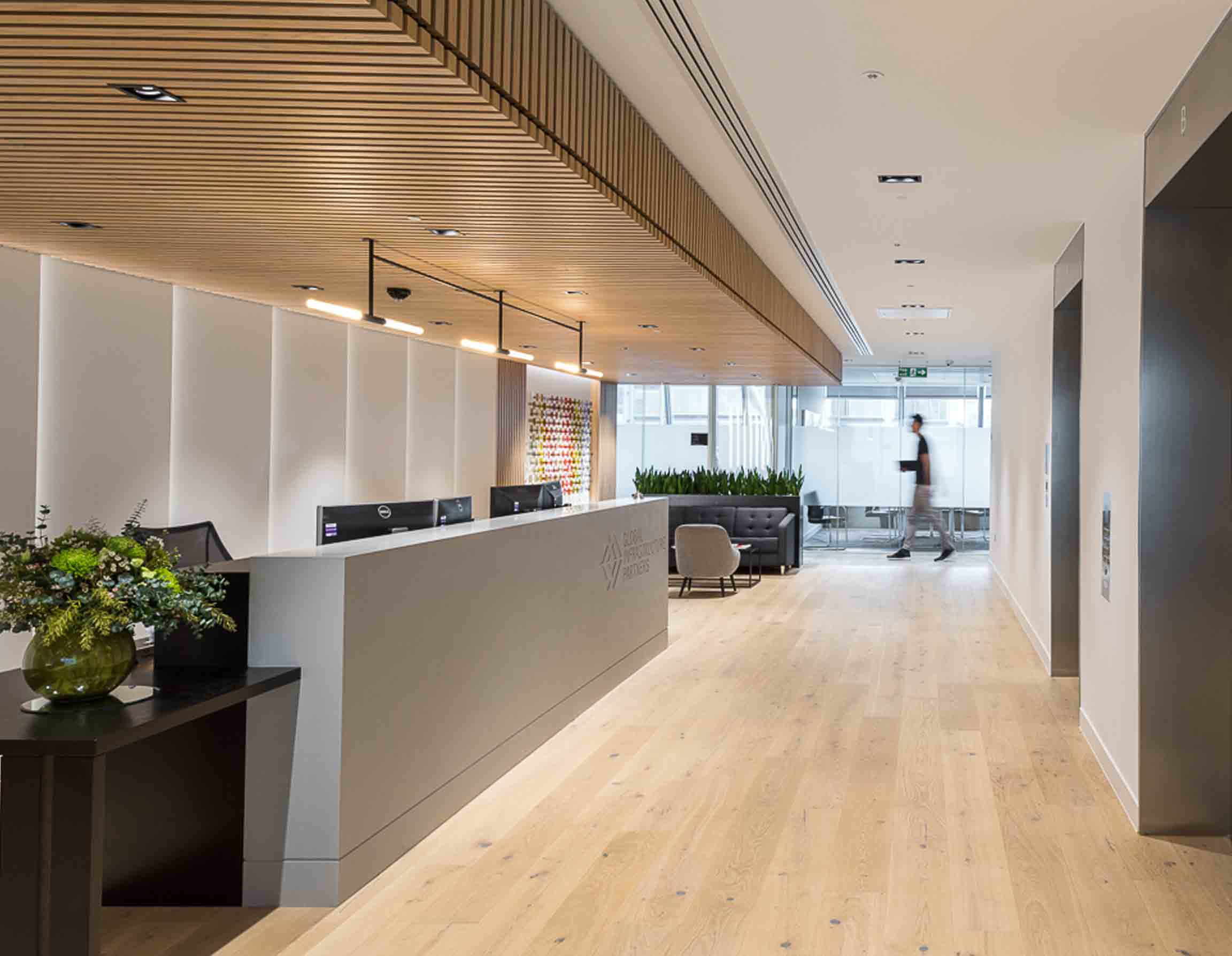 Handcrafted Minimalist Pendant Light Feature Wooden Slat Ceiling Office Reception Desk Design Nulty Bespoke