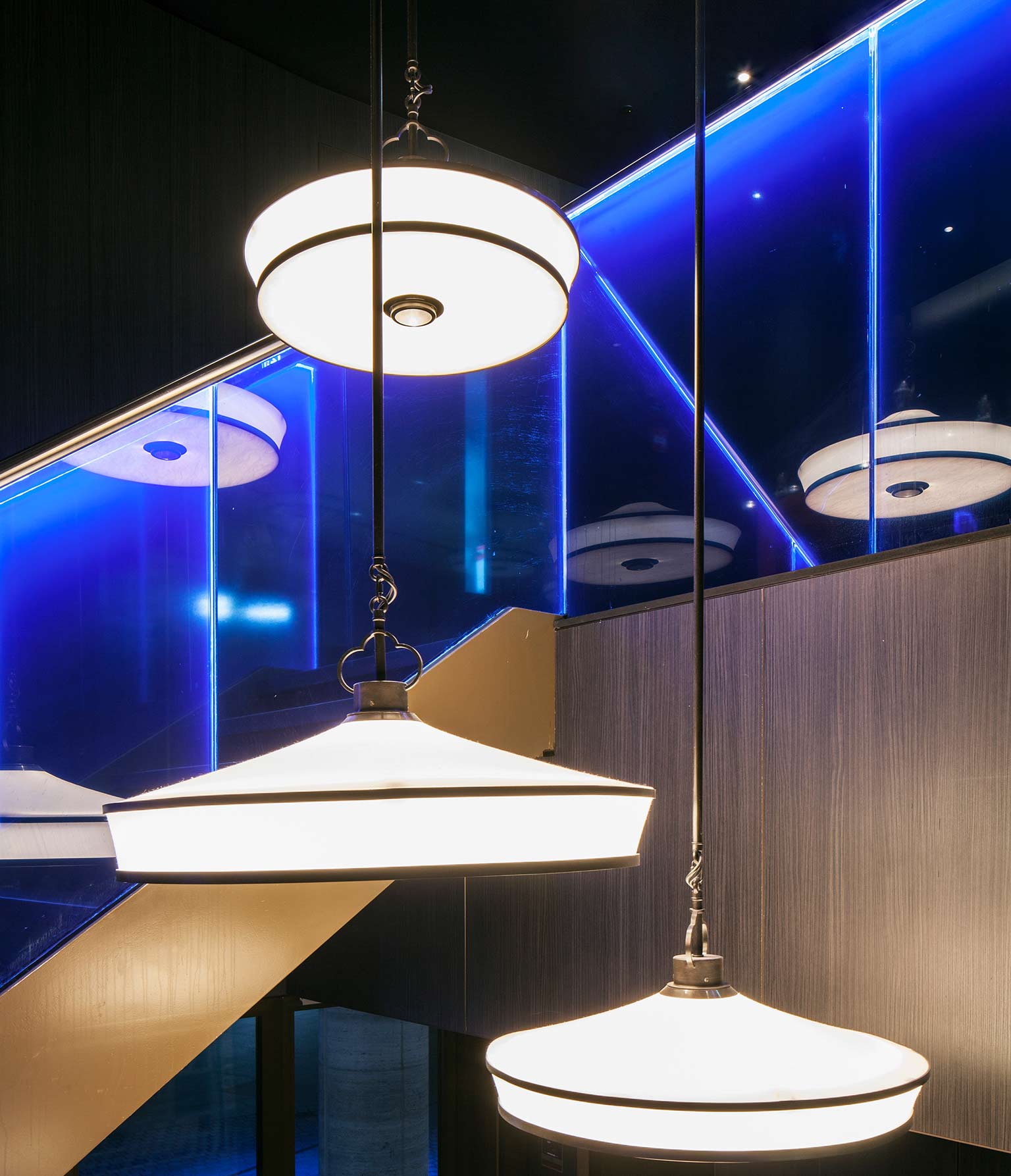 Circular Silk Pendants Illuminated Blue Staircase Restaurant Reception Nulty Bespoke