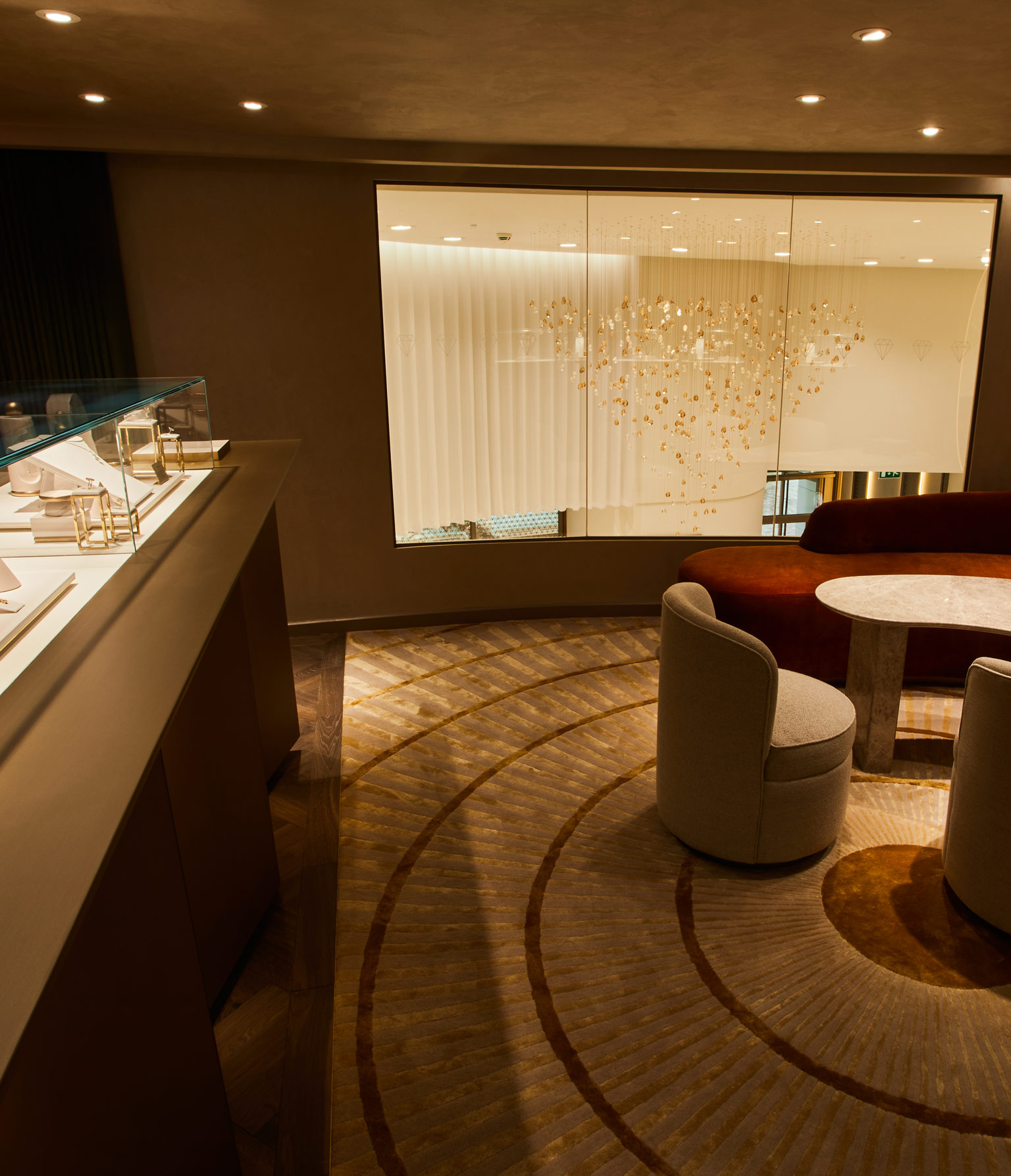 DMR Luxury Jewellery Store Liverpool Cast Acrylic Champagne Clear Suspended Glittering Feature Nulty Bespoke