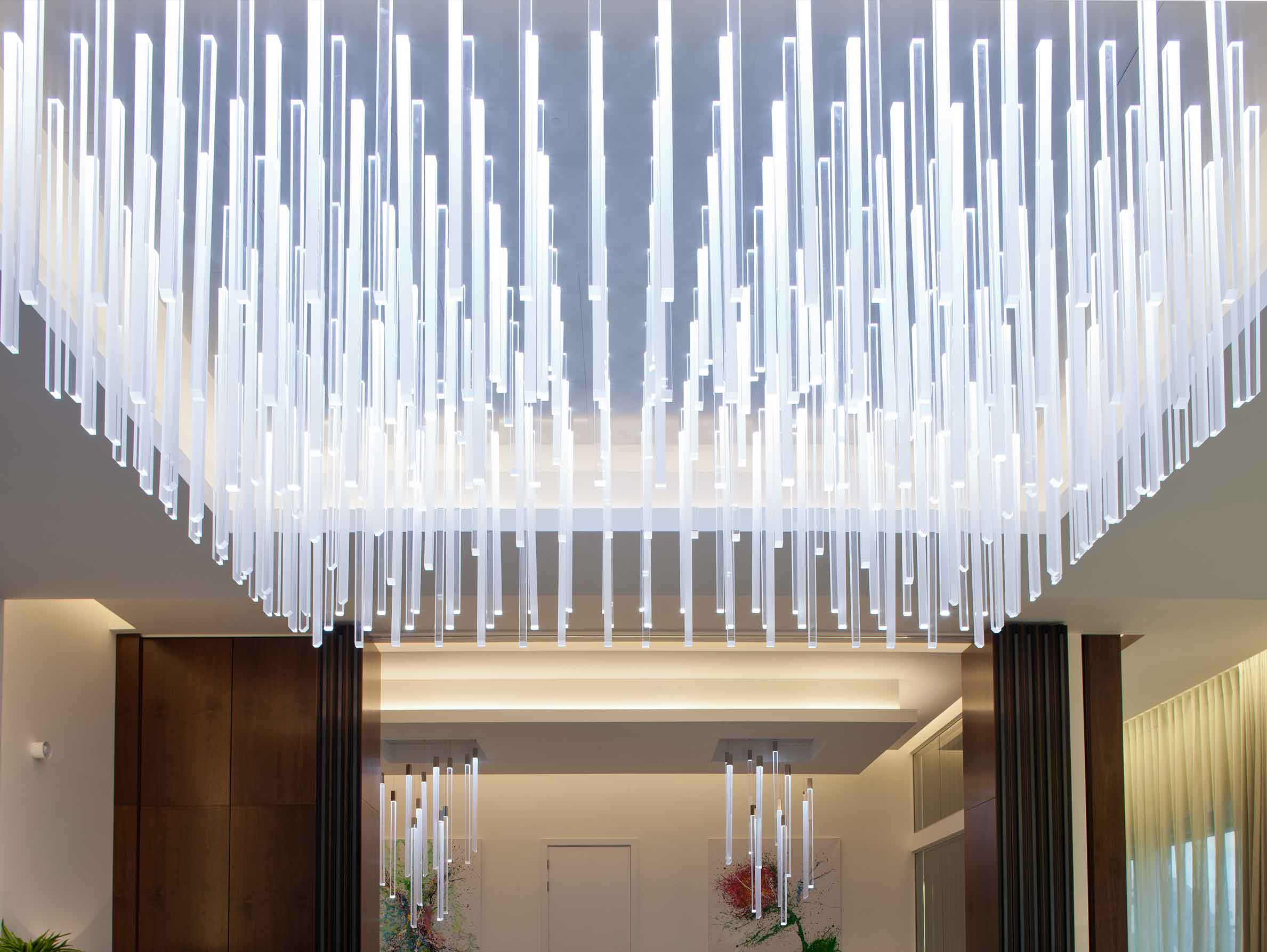 Elegant Chandeliers Multiple Acrylic Rods Private Airline Lounge Nulty Bespoke