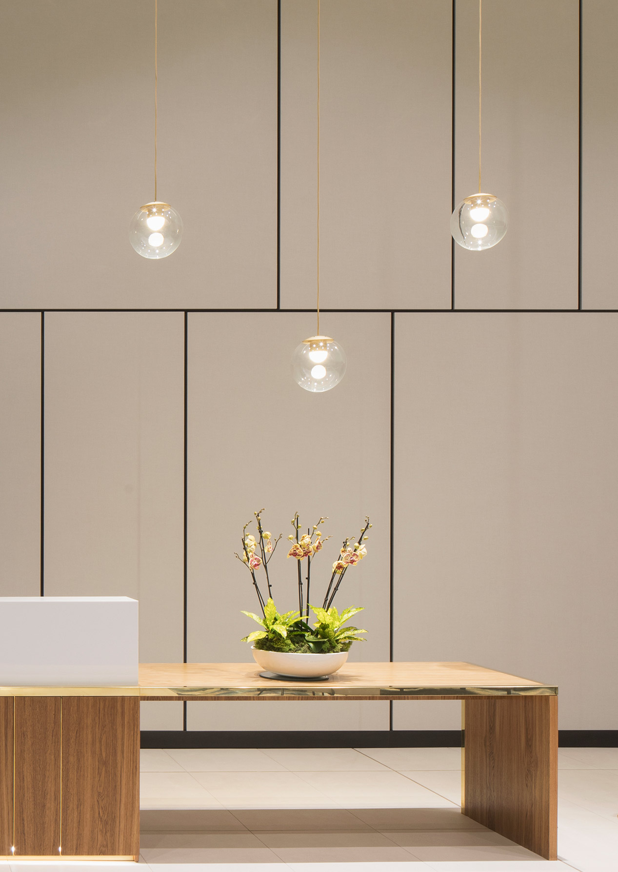 Glass Globe Drop Pendant Lights Minimal Stylish Design Feature Office Reception Desk Designers Nulty Bespoke
