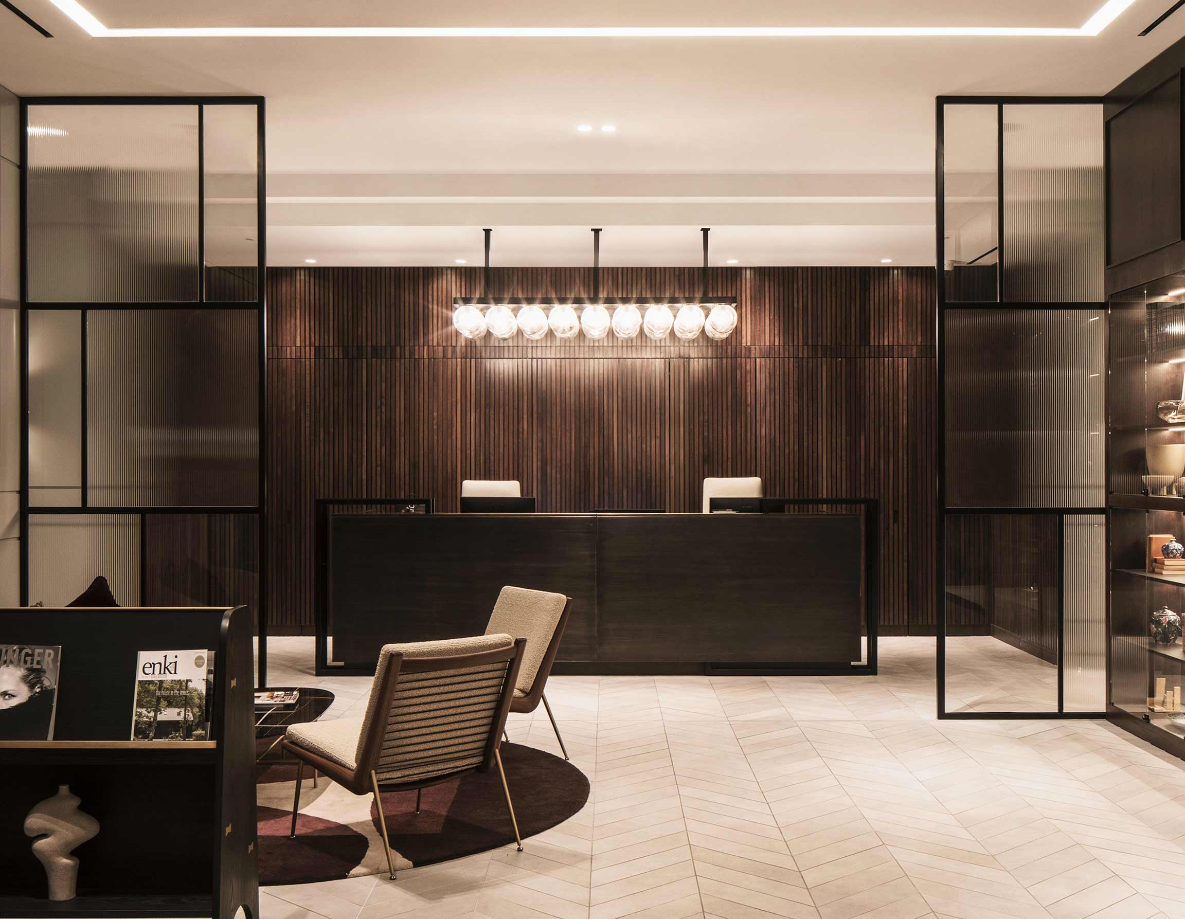 Reception Desk Pendant Light Cast Glass Globes Geometric Composition 101 On Cleveland London Designers Nulty Bespoke