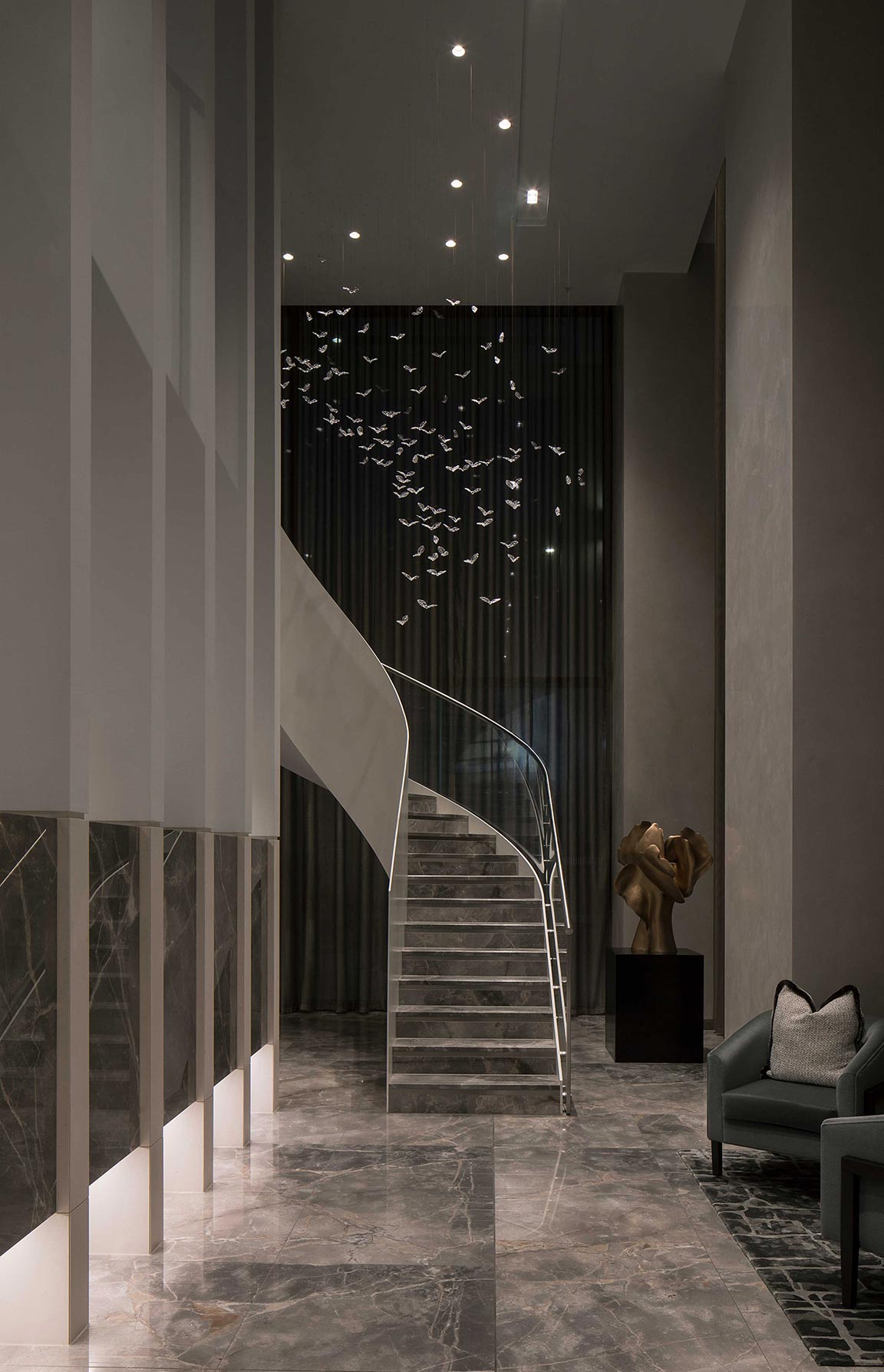 Intricate Glass Birds Flying Suspended Ceiling Sculpture Murmuration Soaring Design Private Residential Lobby Curved Staircase London Nulty Bespoke