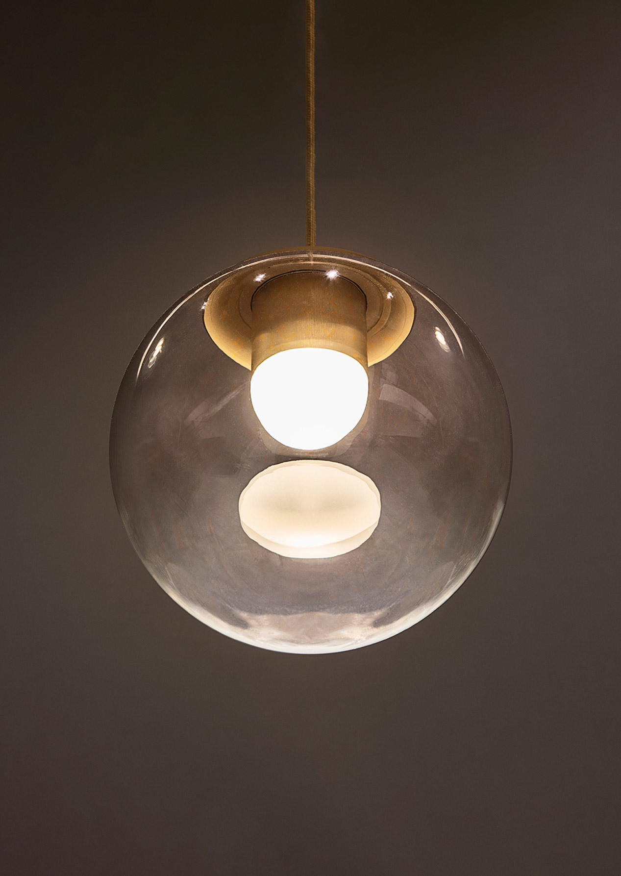 Handblown Clear Glass Globe Drop Pendant Light Brass Components Internal Glowing Dome Designers Nulty Bespoke