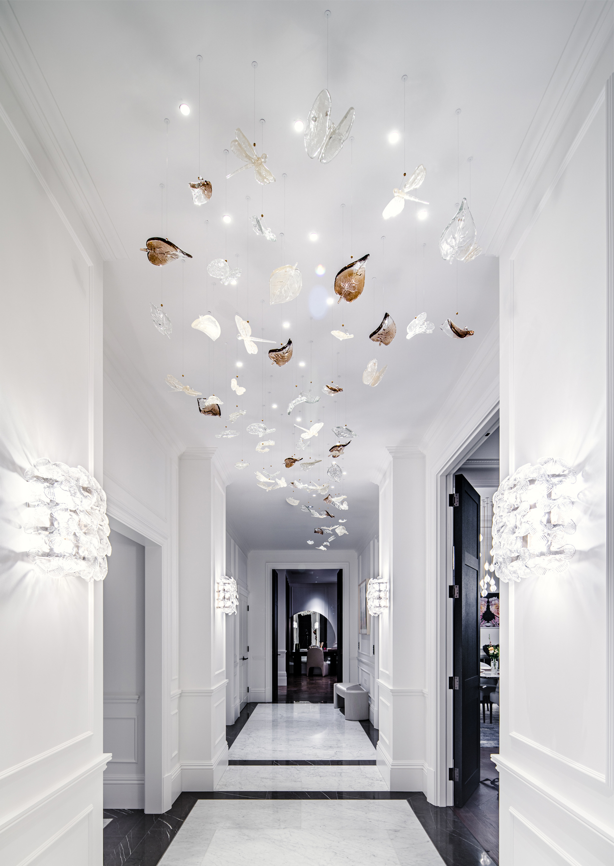 Luxury House of Walpole Entrance Corridor Feature Hand Pulled Glass Installation Nature Inspired Gently Illuminated Nulty Bespoke