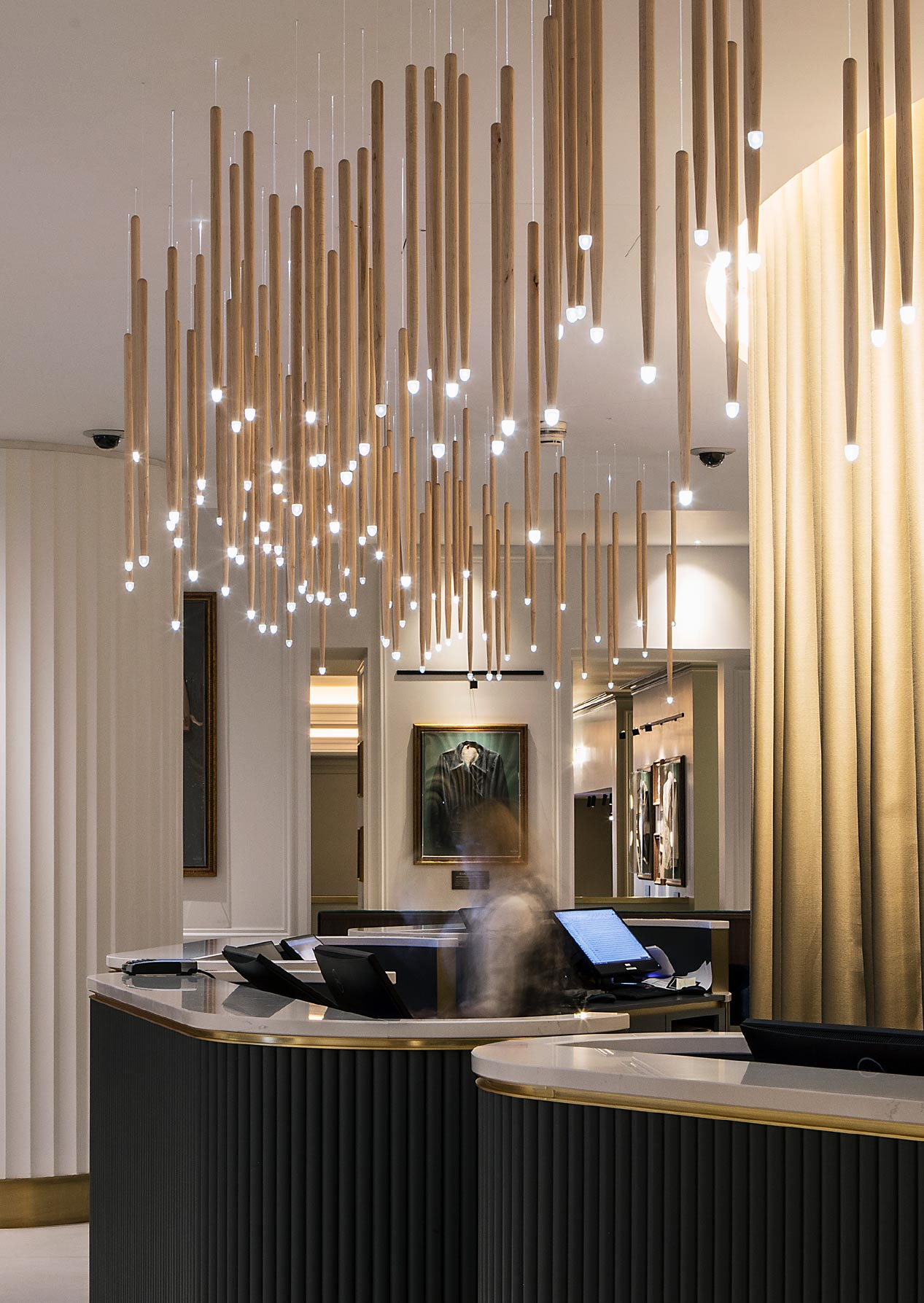Undulating Drumstick Light Sculpture Maple Wood Twinkling Tips London Hotel Lobby Reception Desks Nulty Bespoke