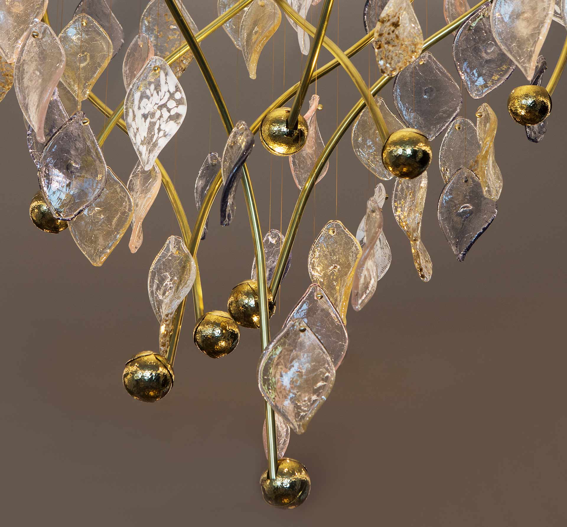 Custom Chandelier Crackled Glass Leaves Brass Stems Catkin Casings Tapered Design Luxury Lighting Maker Nulty Bespoke