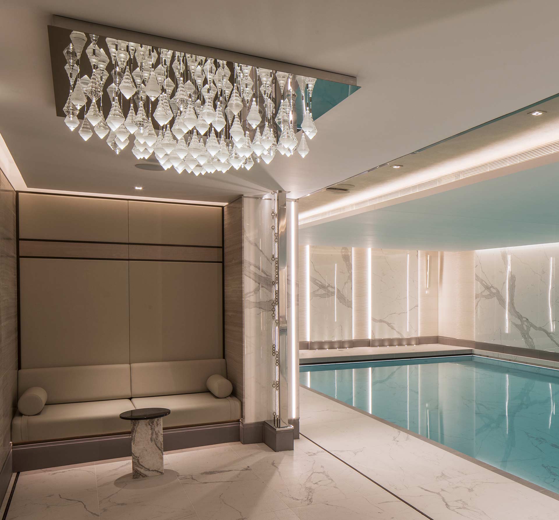 Feature Chandelier Suspended Droplet Design Square Reflective Base Luxury Health Club Swimming Pool London Designers Nulty Bespoke