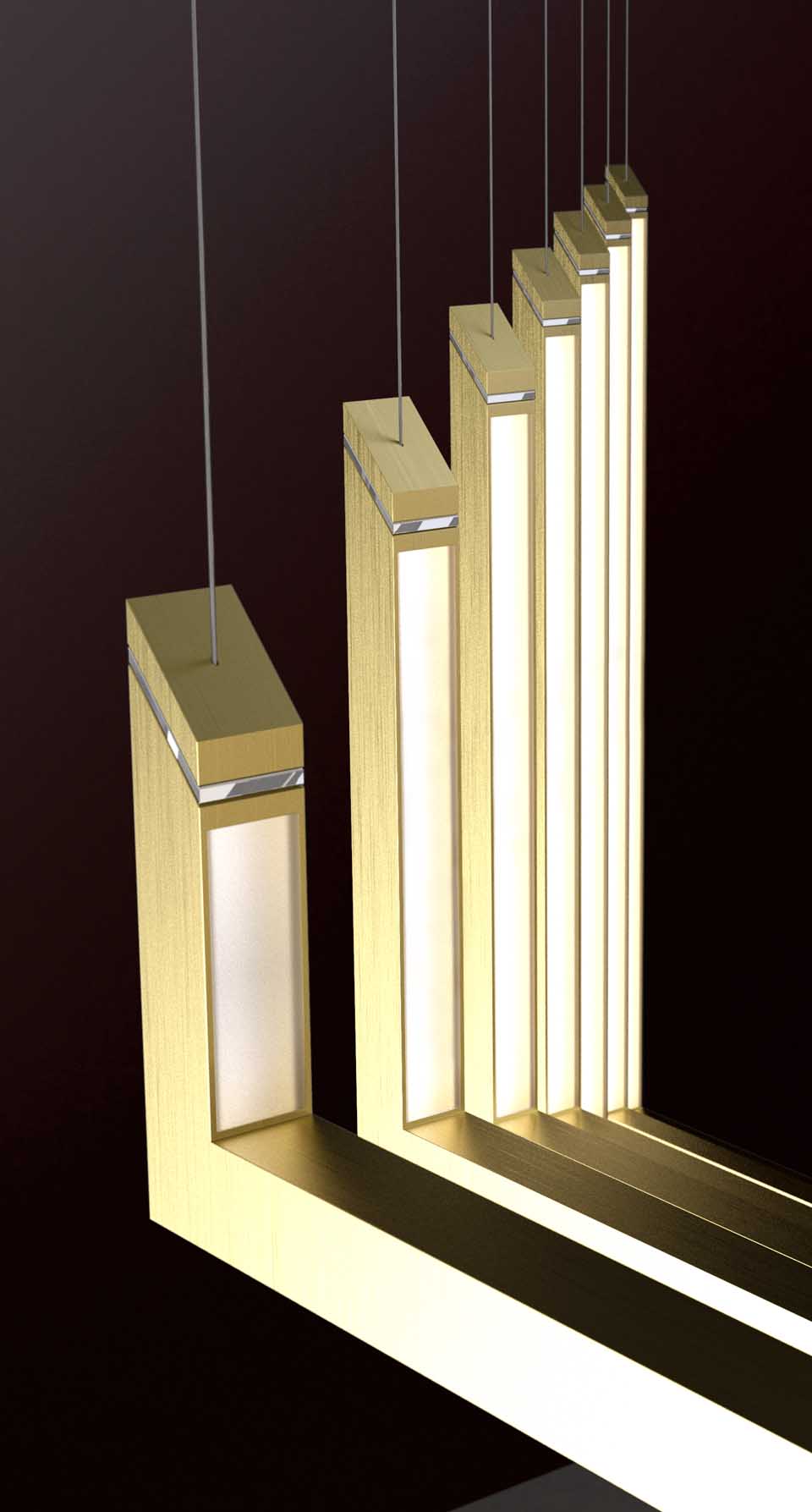 Modern Chandelier Sleek Angled Design Illuminated Internal Vertical Opal Sheet Diffuser Brushed Brass Finish Luxury Lighting Nulty Bespoke