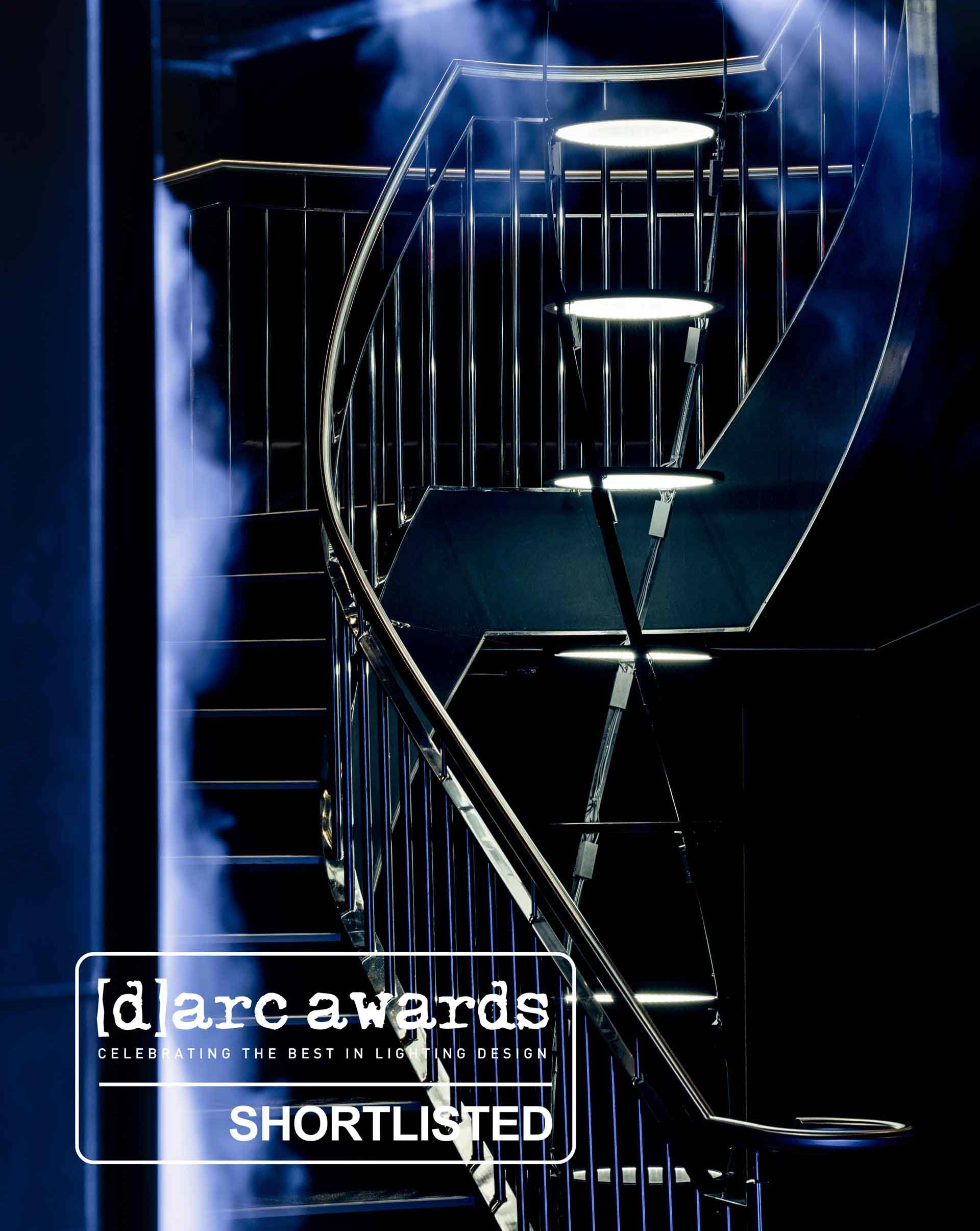 Park Row Restaurant Soho Stairwell Structural Lighting Sculpture Helix Twisting Tiered Illuminated Discs Mist Wall Designers Nulty Bespoke Darc Awards Shortlist