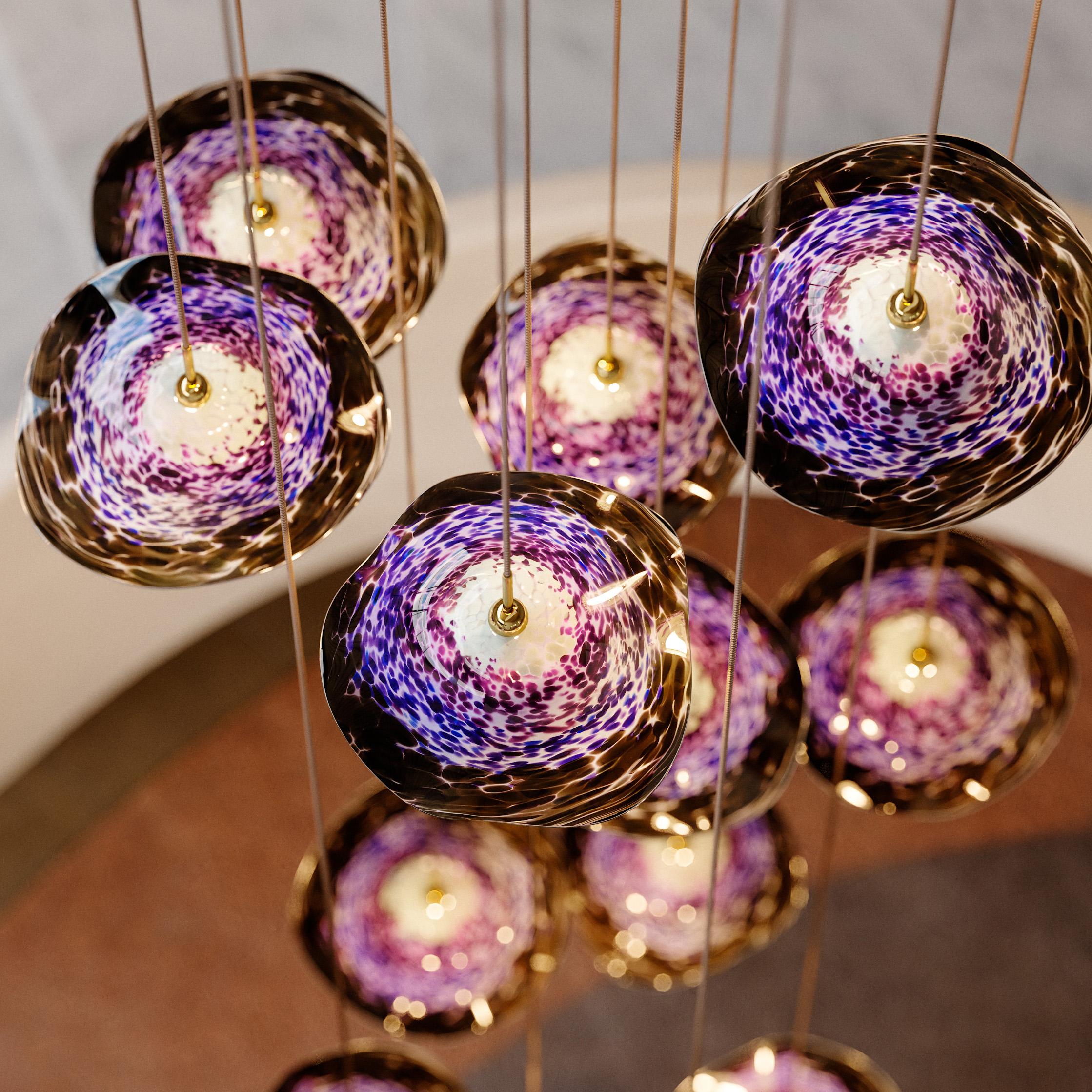 Feature Suspended Violet Pendant Handspun Light Fixture Organic Natural Form Glass Gold Luxury Nulty Bespoke