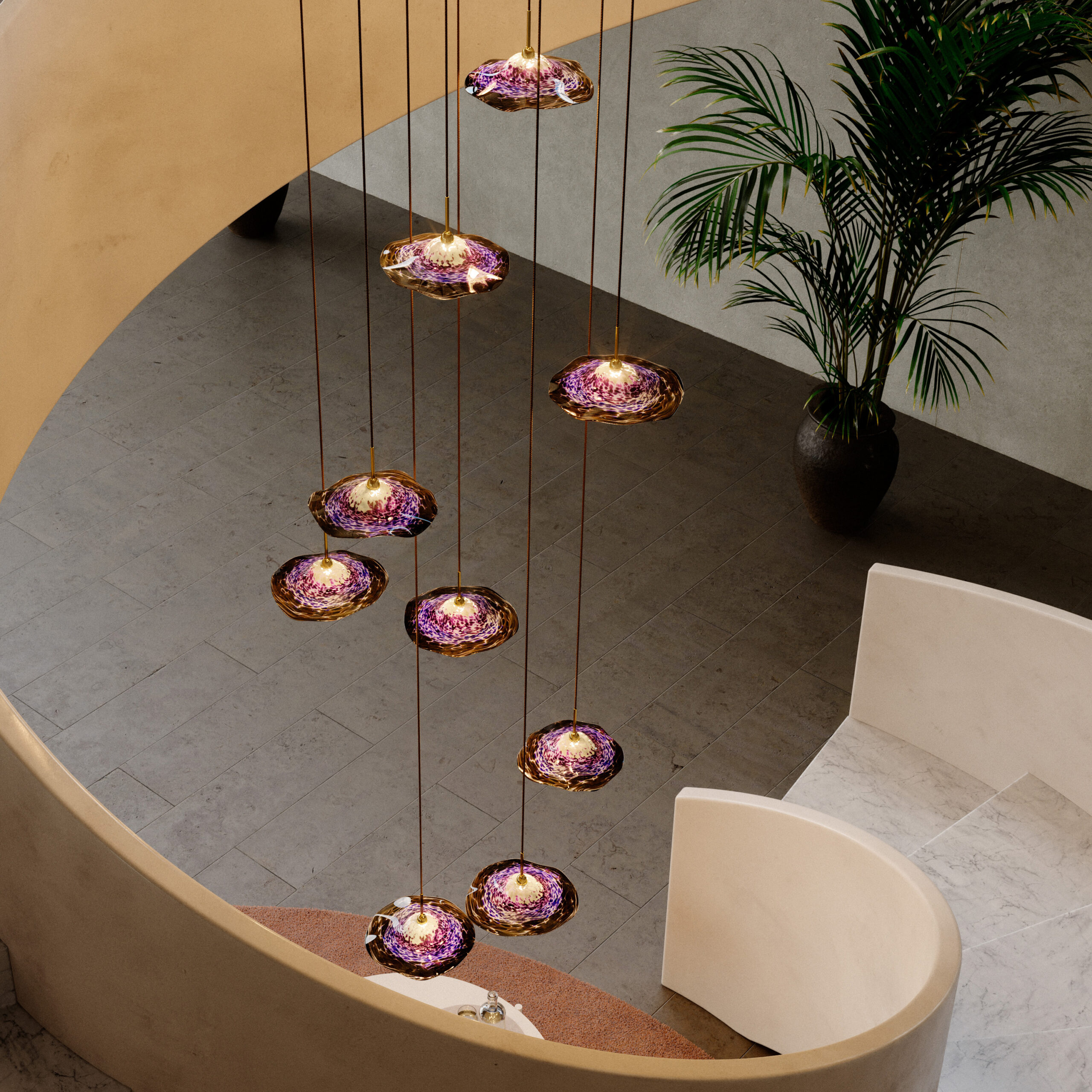Feature Suspended Violet Staircase Pendant Handspun Light Fixture Organic Natural Form Glass Gold Luxury Nulty Bespoke