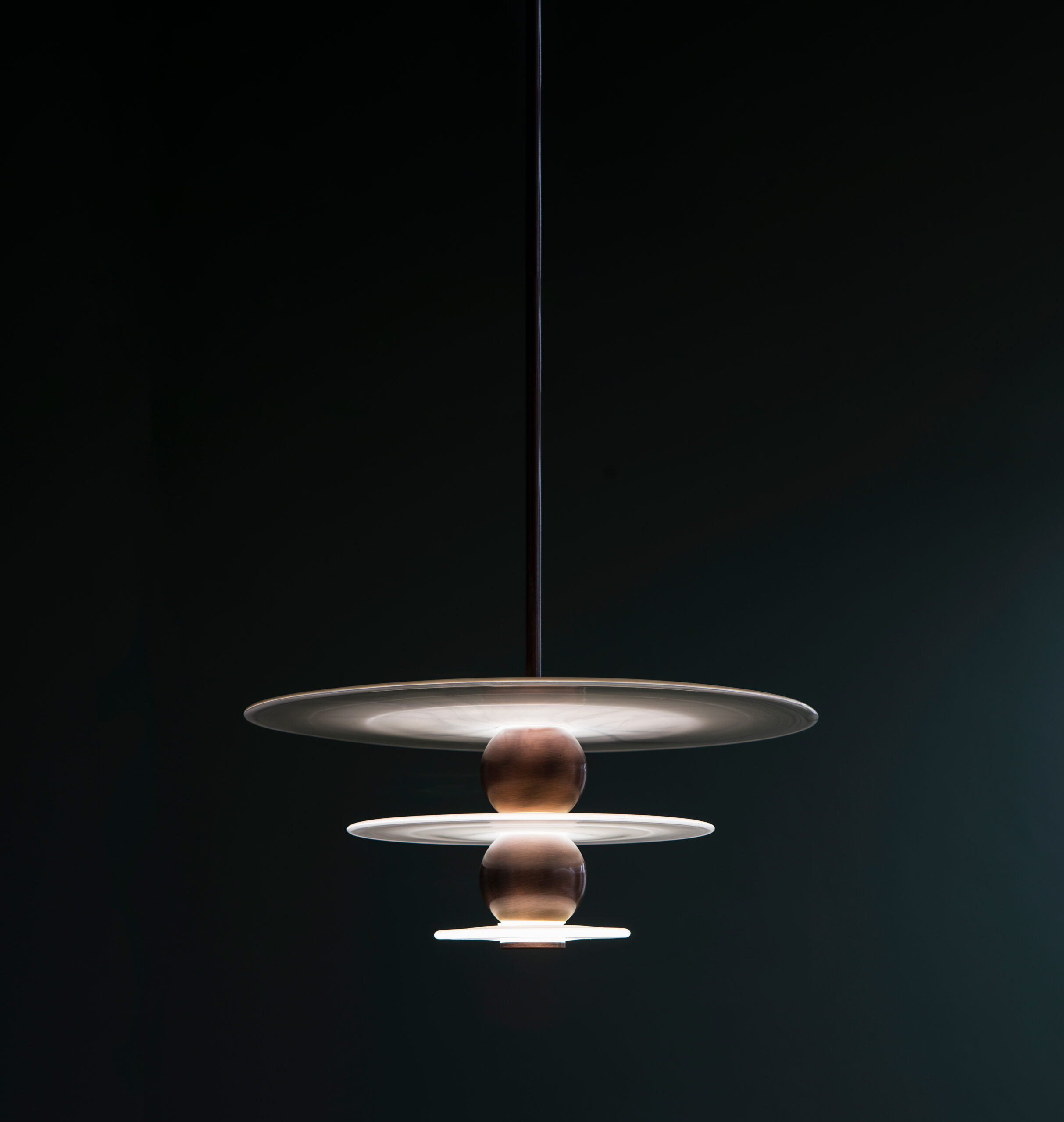 Sleek Stylish Pendant Light Three Tiered Ethereal Handmade Glass Discs Metal Orb Components Design Manufacture Nulty Bespoke