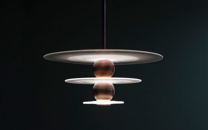 Sleek Stylish Pendant Light Three Tiered Handmade Glass Discs Metal Orb Components Design Manufacture Nulty Bespoke
