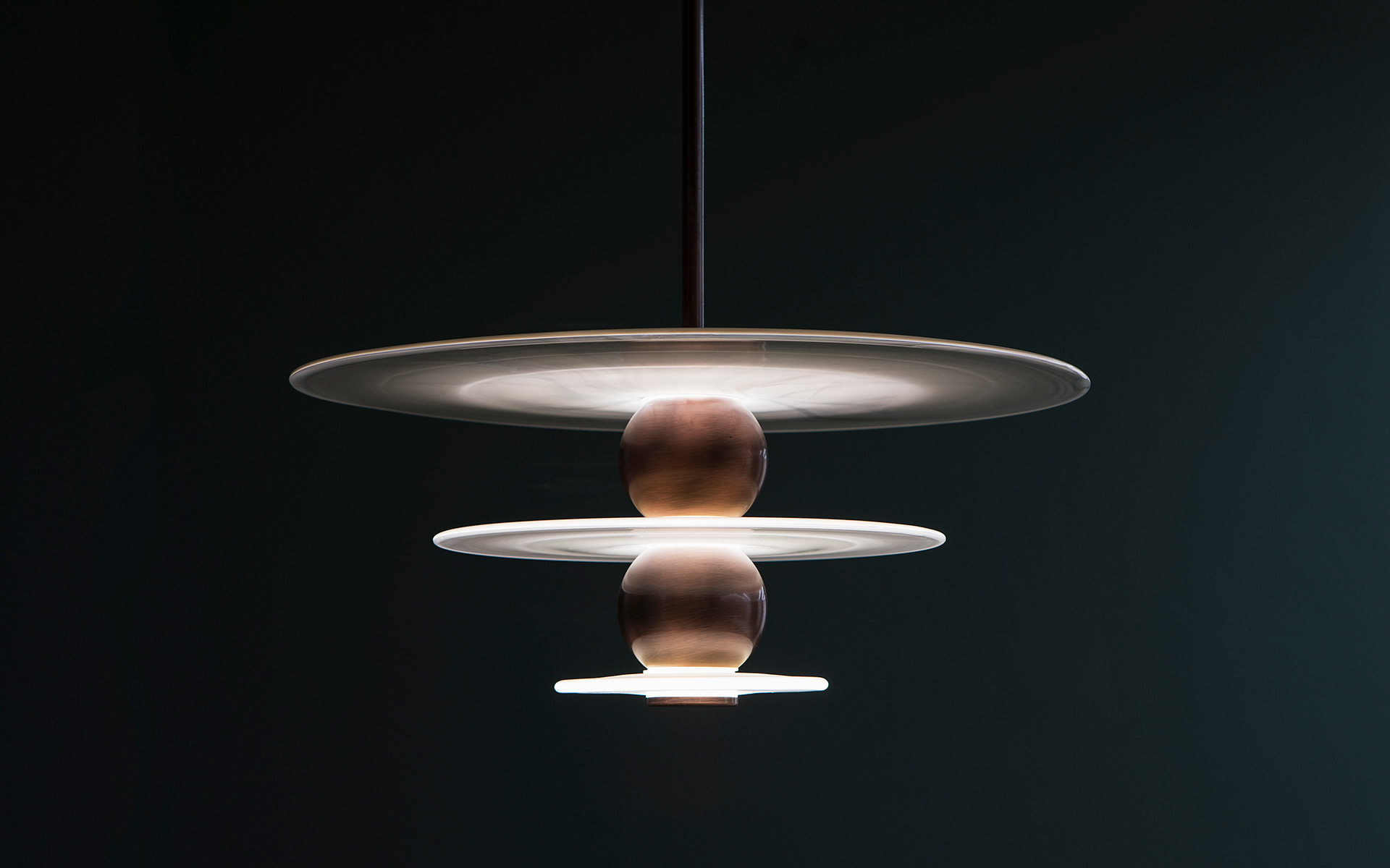 Sleek Stylish Pendant Light Three Tiered Handmade Glass Discs Metal Orb Components Design Manufacture Nulty Bespoke