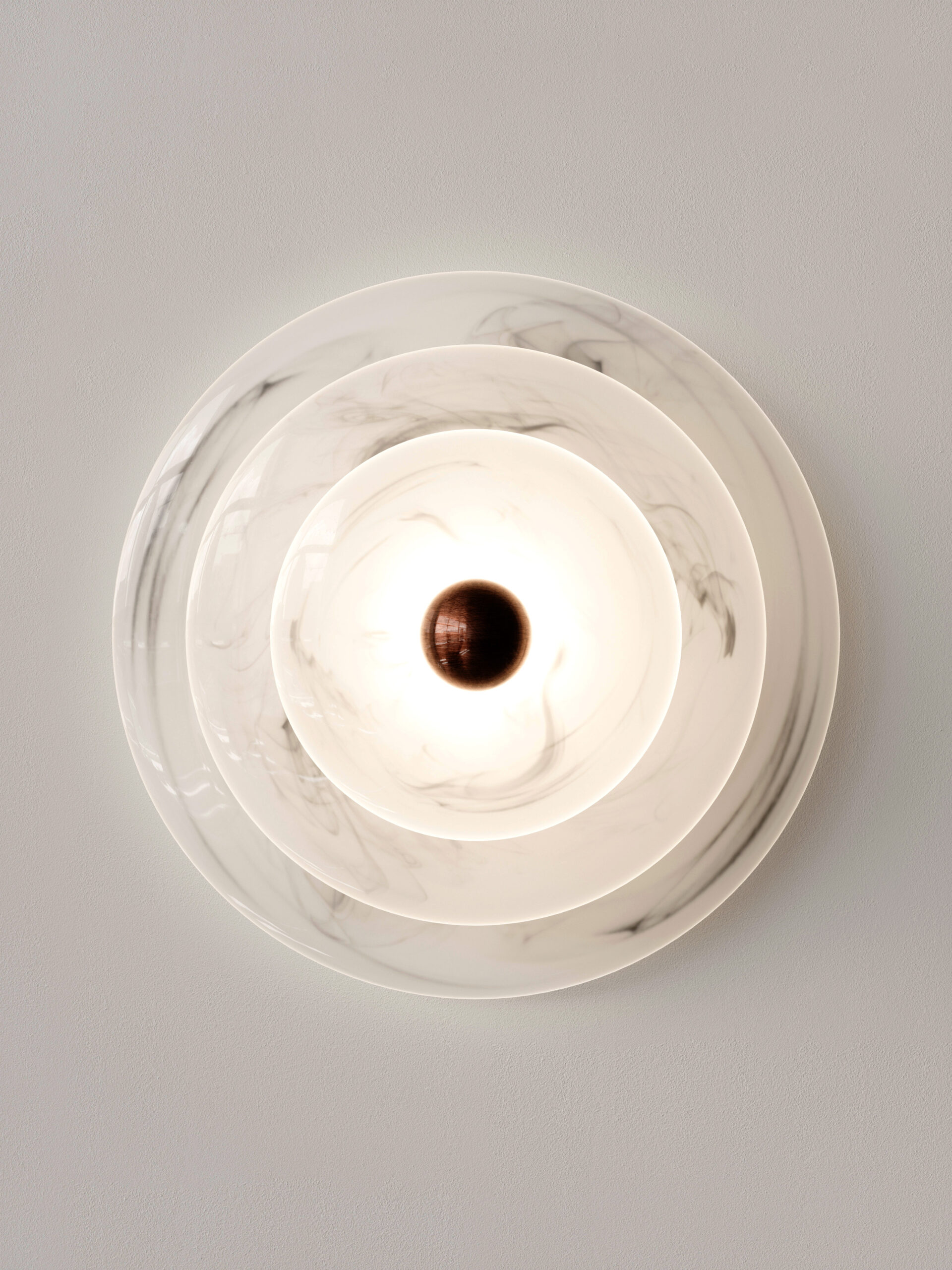 Sleek Stylish Pendant Light Three Tiered Handmade Glass Discs Metal Orb Design Manufacture Nulty Bespoke