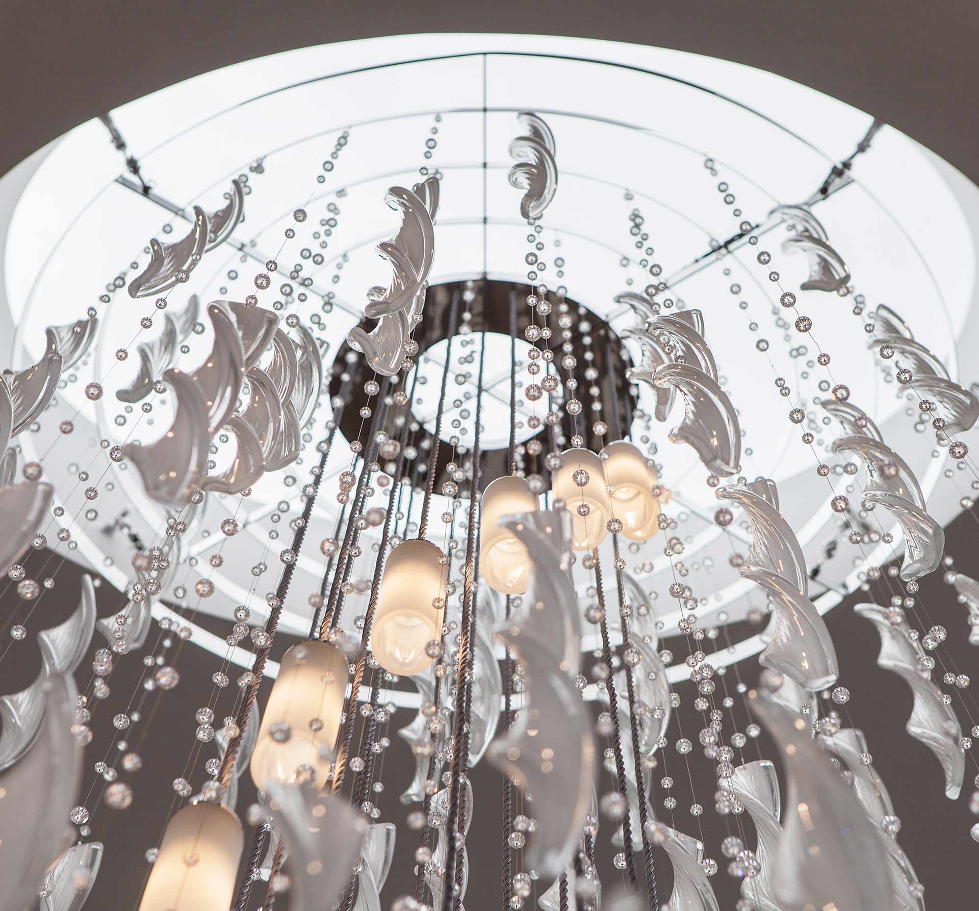 Dramatic Chandelier Elliptical Frame Skylight Spiralling Frosted Lanterns Glass Swirls Crystals Nulty Bespoke