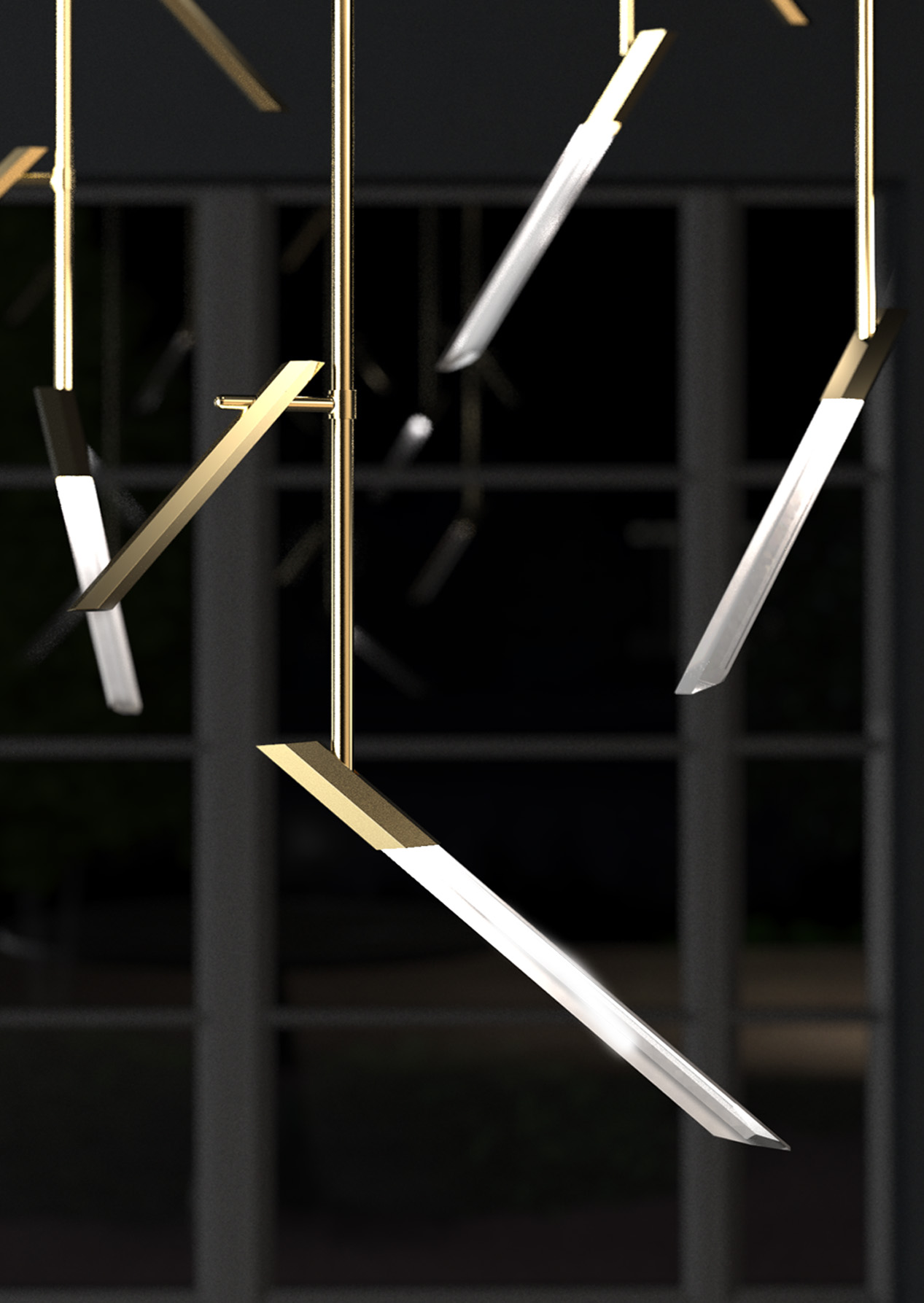 Modern Angled Chandelier Brass Framework Hexagonal Diffuser Rotating Components Luxury Lighting Nulty Bespoke
