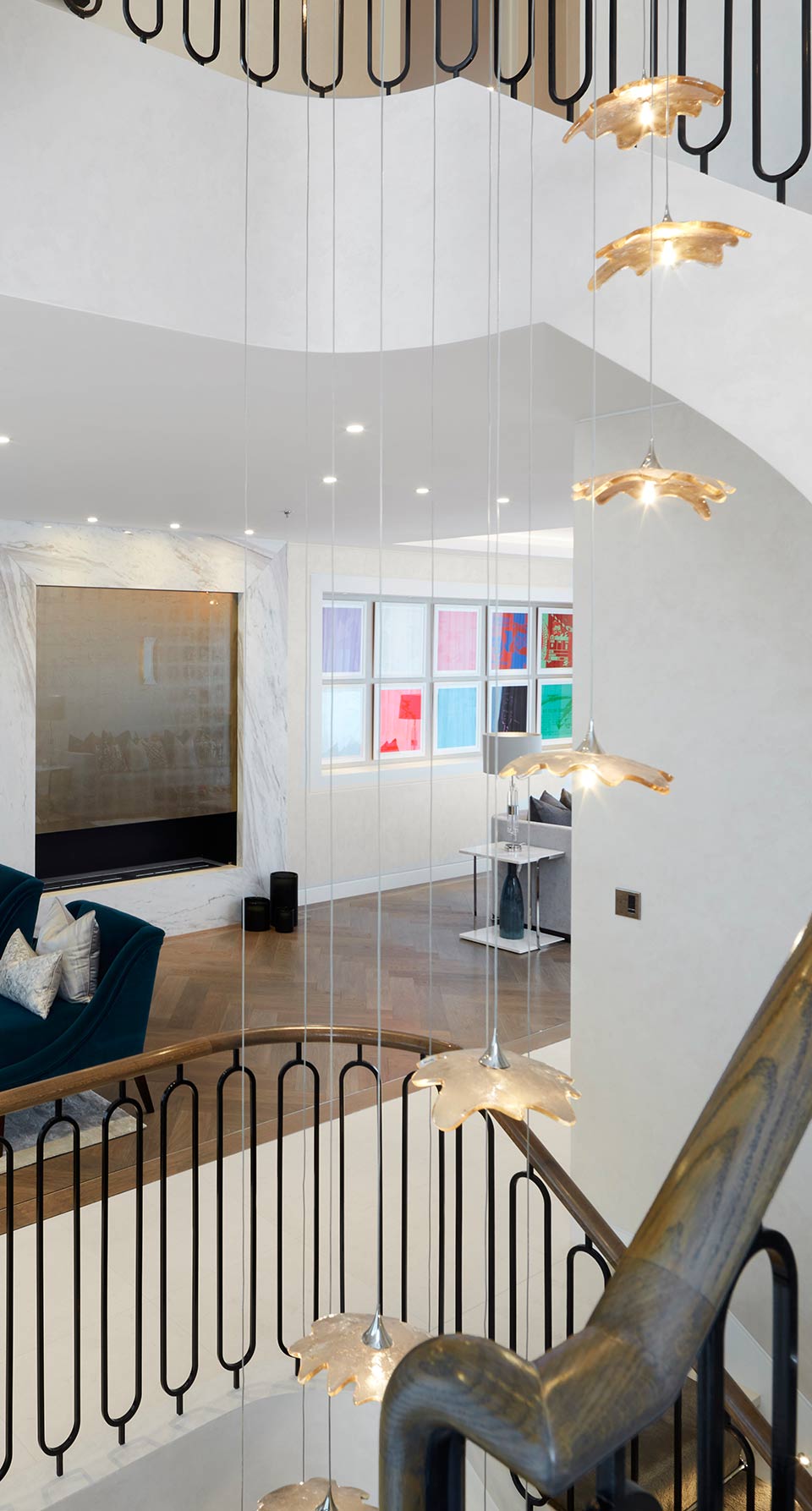 Contemporary Refined Cascading Chandelier House Stairwell Gold Leaf Shades Nulty Bespoke